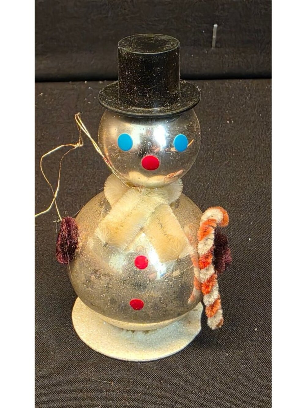 Vintage 3" Silver Snowman w Candy Cane Christmas Ornament Japan Kitschy